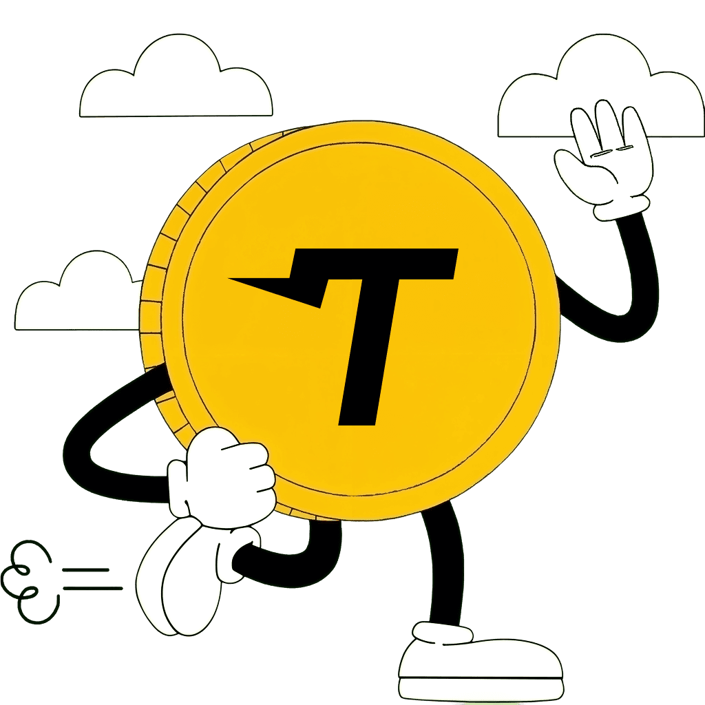 illustration of a coin shaped character walking between clouds